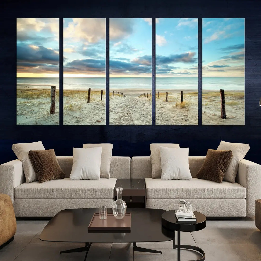 Sandy Beach and Sunset Ocean Nature Photo Wall Art Canvas Print