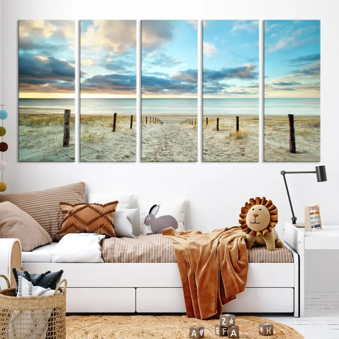 Sandy Beach and Sunset Ocean Nature Photo Wall Art Canvas Print