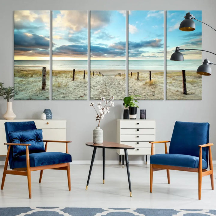 Sandy Beach and Sunset Ocean Nature Photo Wall Art Canvas Print