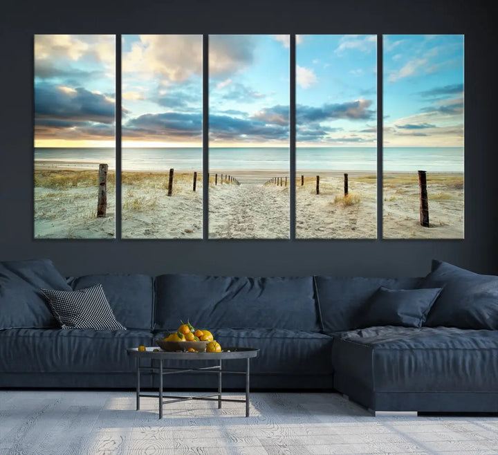 Sandy Beach and Sunset Ocean Nature Photo Wall Art Canvas Print