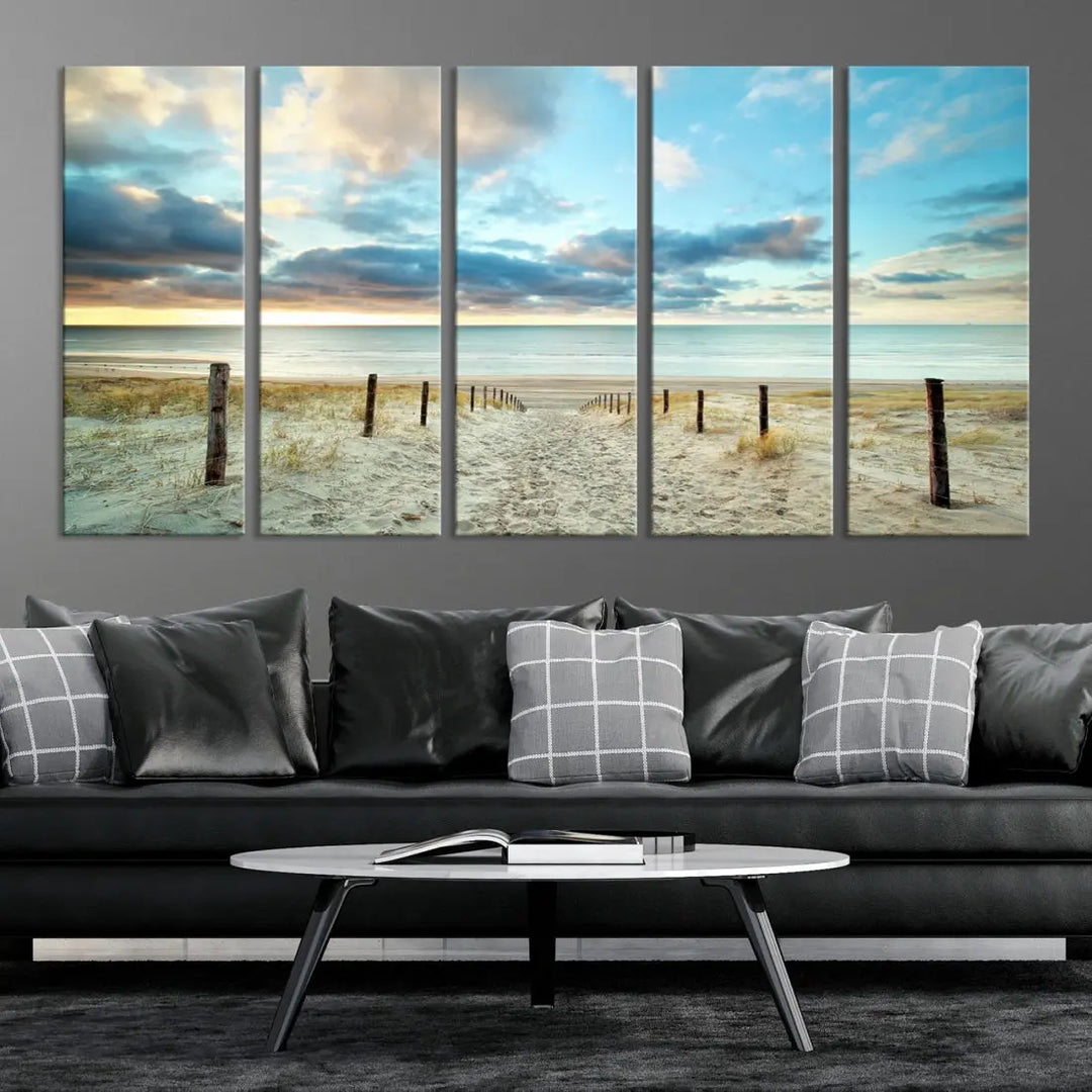 Sandy Beach and Sunset Ocean Nature Photo Wall Art Canvas Print