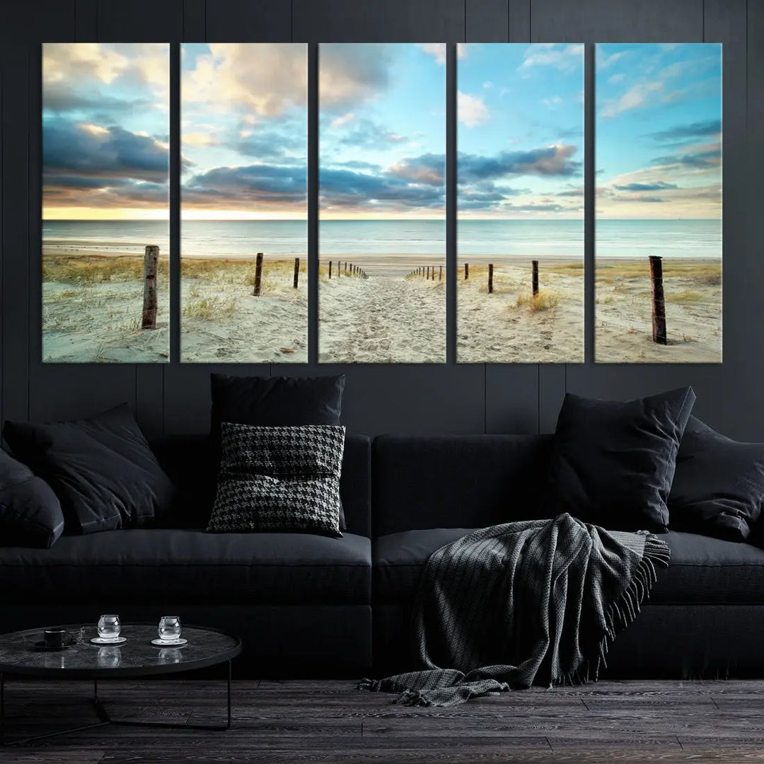 Sandy Beach and Sunset Ocean Nature Photo Wall Art Canvas Print