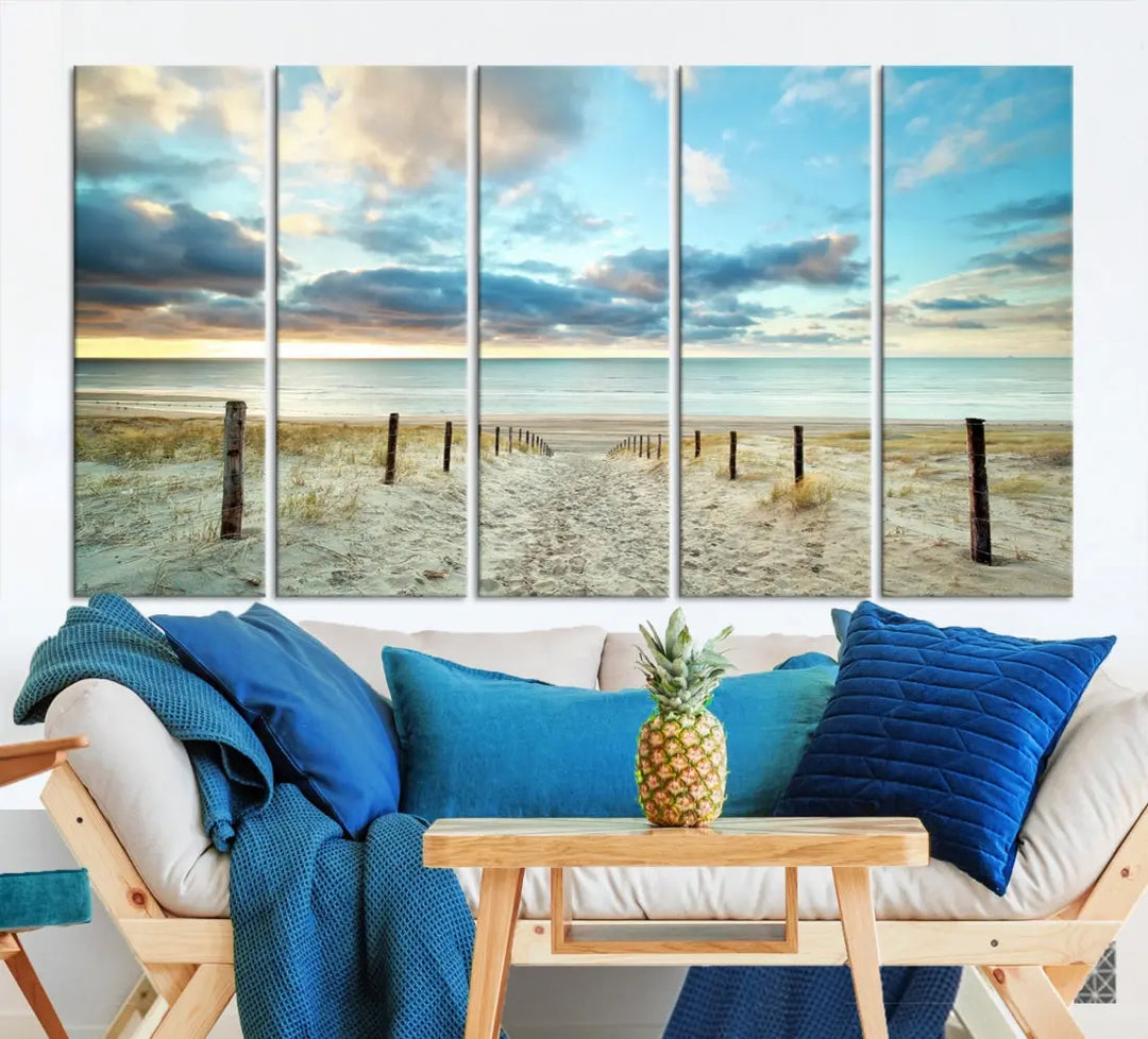 Sandy Beach and Sunset Ocean Nature Photo Wall Art Canvas Print