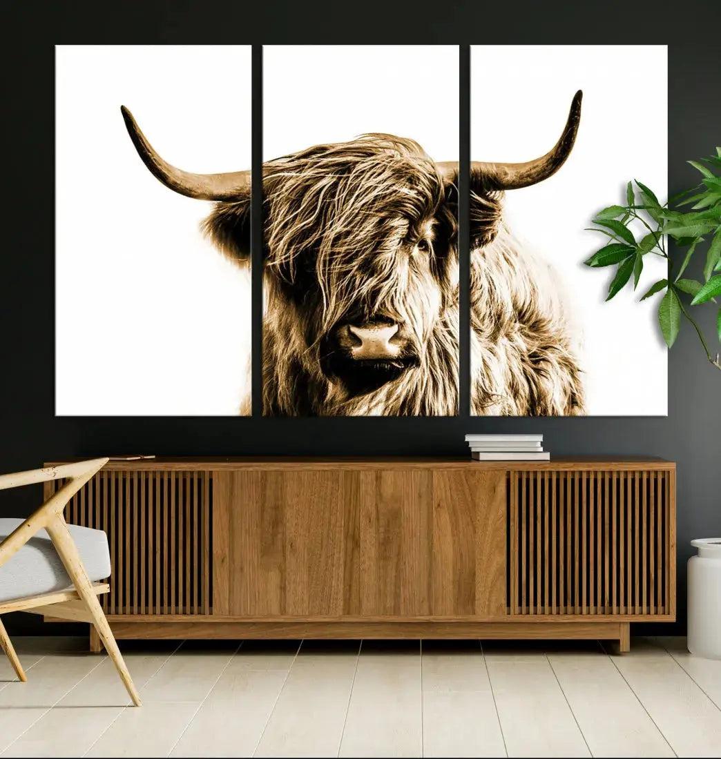 Sephia Highland Cow Canvas Wall Art Farmhouse Decor Cow Black White Print Rustic Wall Decor Animals Painting Scottish