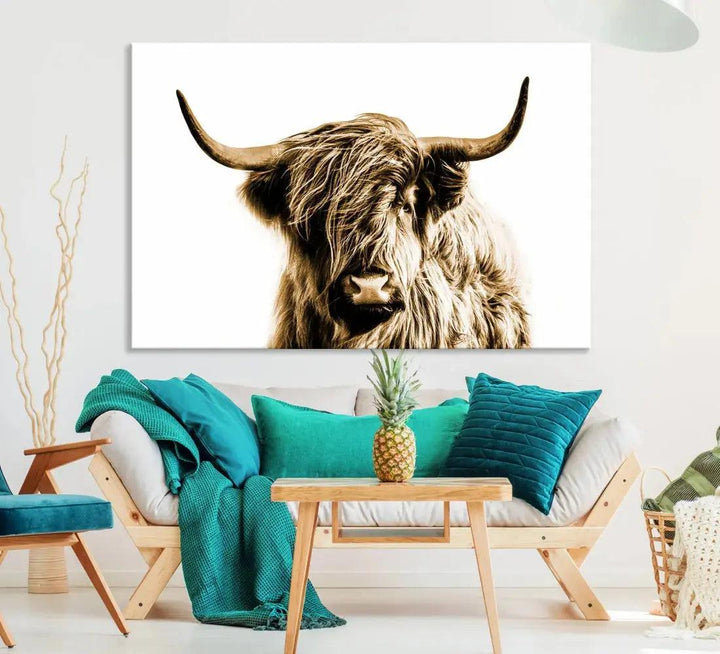 Sephia Highland Cow Canvas Wall Art Farmhouse Decor Cow Black White Print Rustic Wall Decor Animals Painting Scottish