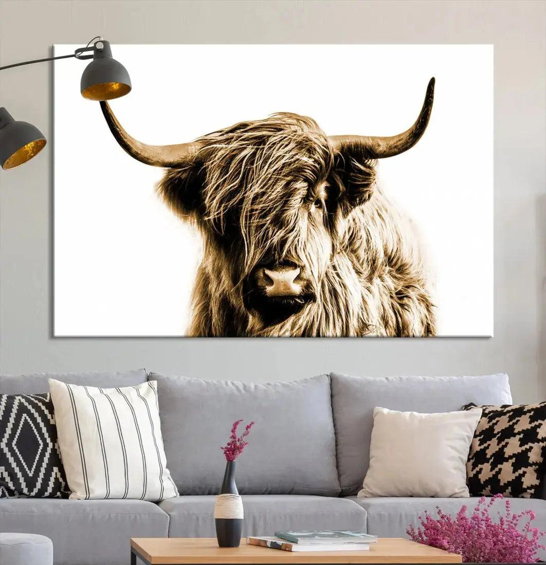 Sephia Highland Cow Canvas Wall Art Farmhouse Decor Cow Black White Print Rustic Wall Decor Animals Painting Scottish