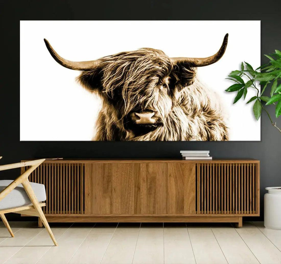 Sephia Highland Cow Canvas Wall Art Farmhouse Decor Cow Black White Print Rustic Wall Decor Animals Painting Scottish