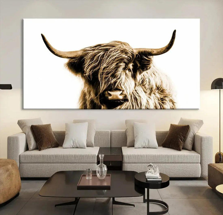 Sephia Highland Cow Canvas Wall Art Farmhouse Decor Cow Black White Print Rustic Wall Decor Animals Painting Scottish