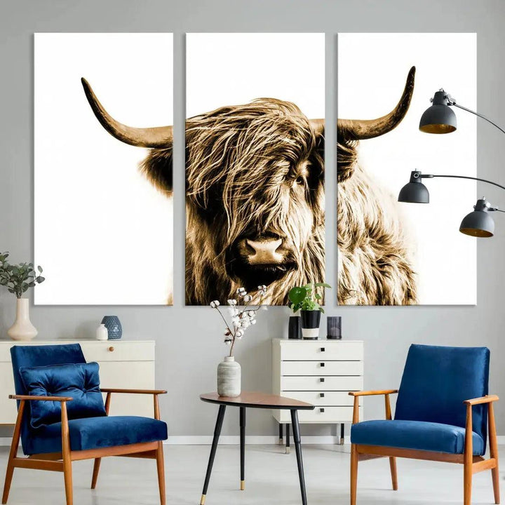 Sephia Highland Cow Canvas Wall Art Farmhouse Decor Cow Black White Print Rustic Wall Decor Animals Painting Scottish