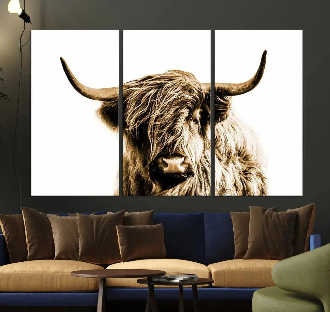 Sephia Highland Cow Canvas Wall Art Farmhouse Decor Cow Black White Print Rustic Wall Decor Animals Painting Scottish