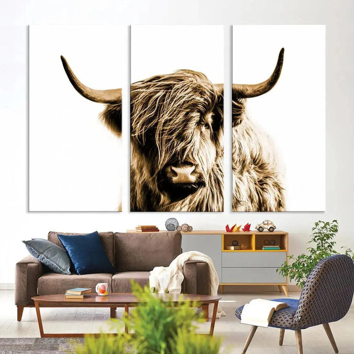 Sephia Highland Cow Canvas Wall Art Farmhouse Decor Cow Black White Print Rustic Wall Decor Animals Painting Scottish