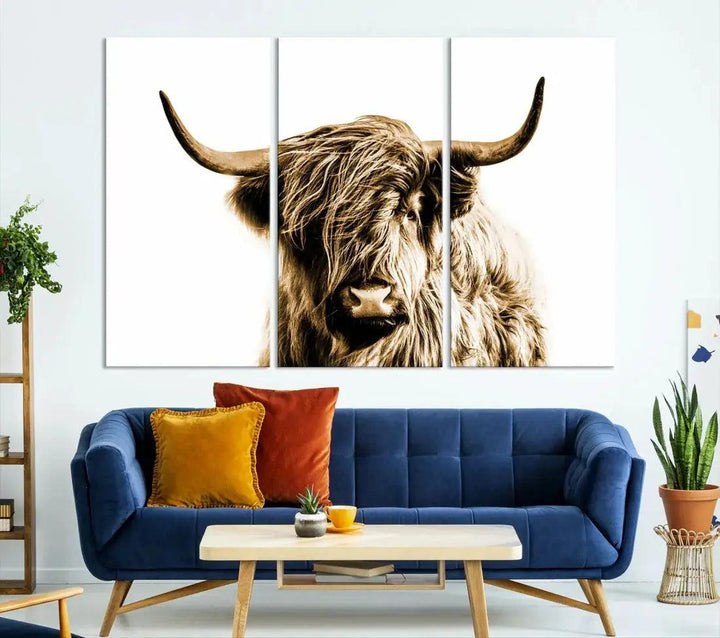 Sephia Highland Cow Canvas Wall Art Farmhouse Decor Cow Black White Print Rustic Wall Decor Animals Painting Scottish