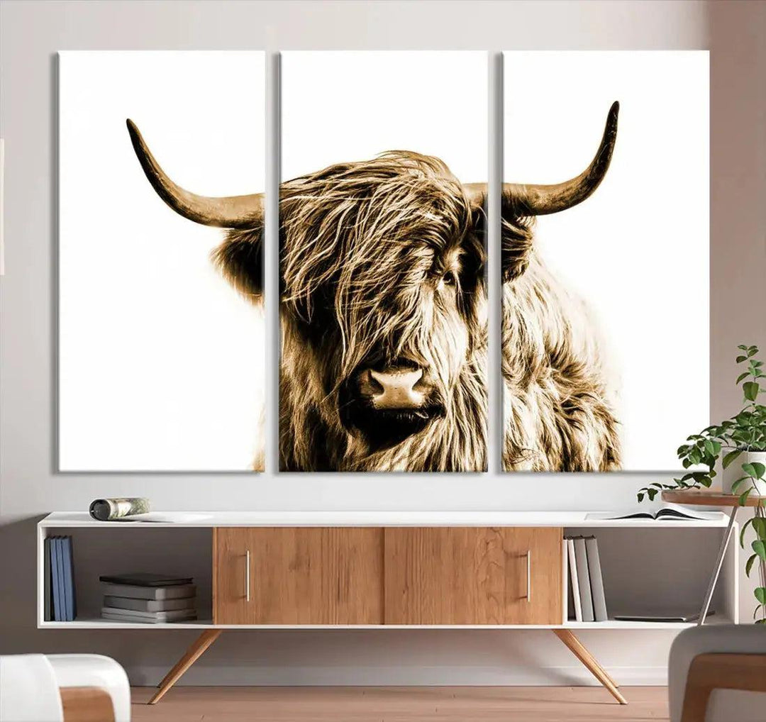 Sephia Highland Cow Canvas Wall Art Farmhouse Decor Cow Black White Print Rustic Wall Decor Animals Painting Scottish