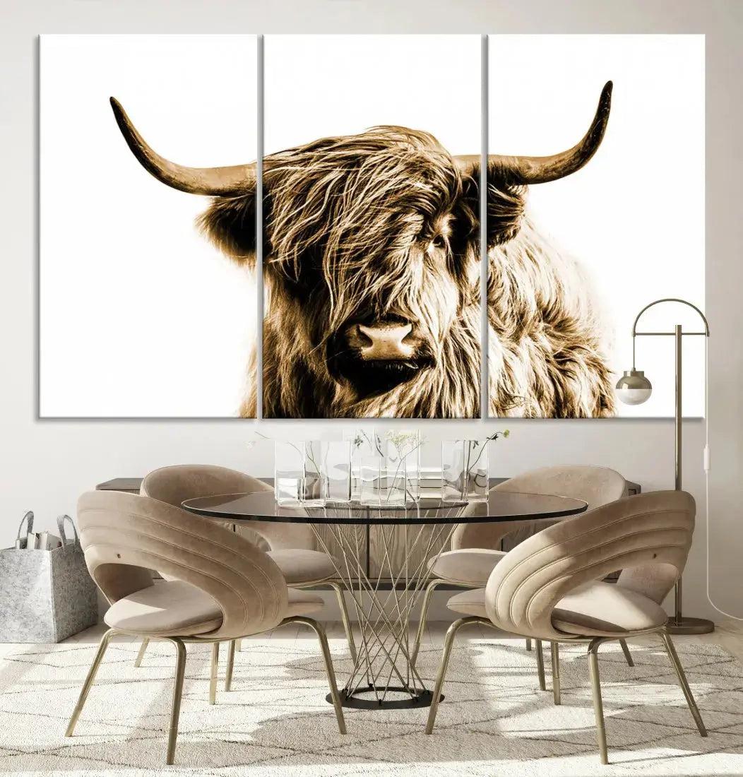 Sephia Highland Cow Canvas Wall Art Farmhouse Decor Cow Black White Print Rustic Wall Decor Animals Painting Scottish