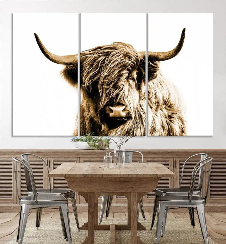 Sephia Highland Cow Canvas Wall Art Farmhouse Decor Cow Black White Print Rustic Wall Decor Animals Painting Scottish