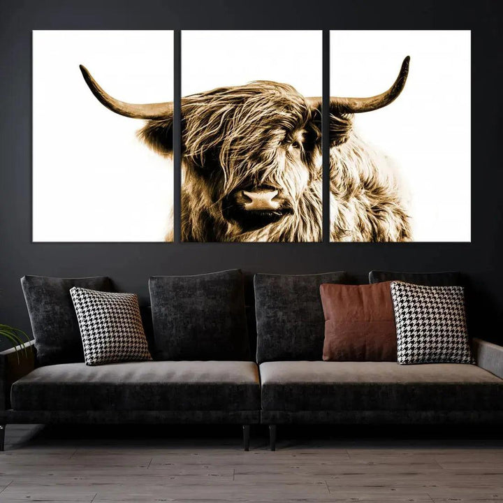 Sephia Highland Cow Canvas Wall Art Farmhouse Decor Cow Black White Print Rustic Wall Decor Animals Painting Scottish