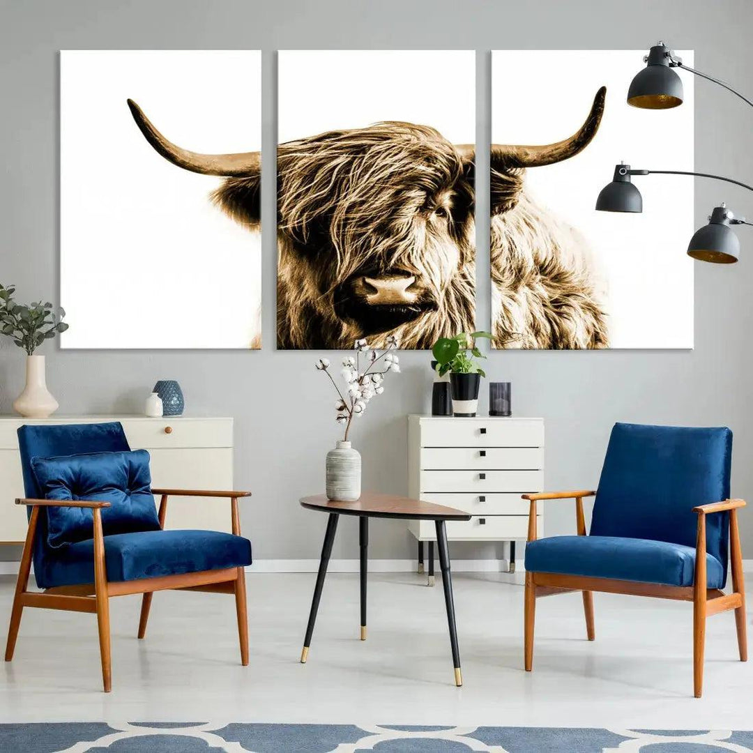 Sephia Highland Cow Canvas Wall Art Farmhouse Decor Cow Black White Print Rustic Wall Decor Animals Painting Scottish