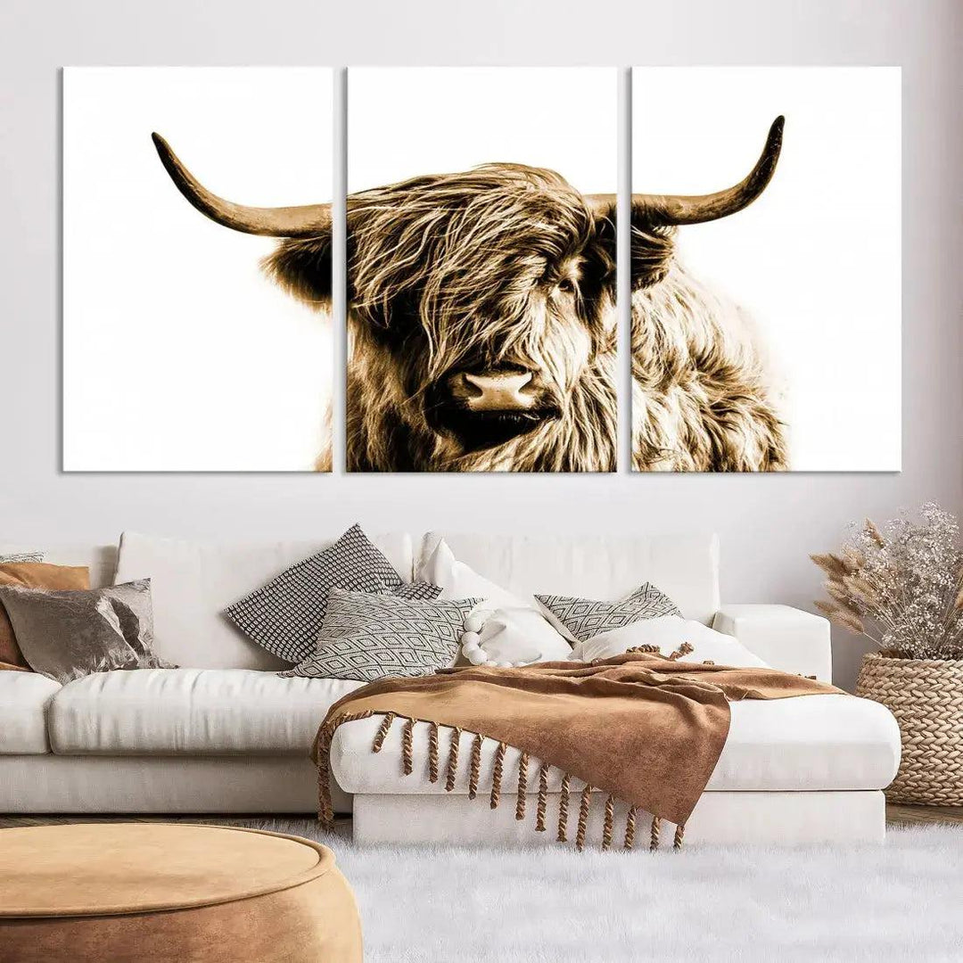 Sephia Highland Cow Canvas Wall Art Farmhouse Decor Cow Black White Print Rustic Wall Decor Animals Painting Scottish