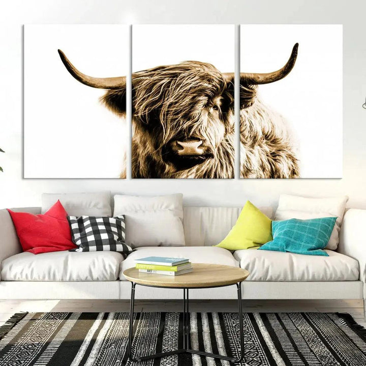 Sephia Highland Cow Canvas Wall Art Farmhouse Decor Cow Black White Print Rustic Wall Decor Animals Painting Scottish