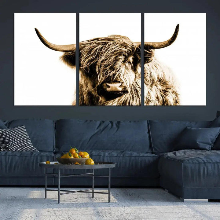 Sephia Highland Cow Canvas Wall Art Farmhouse Decor Cow Black White Print Rustic Wall Decor Animals Painting Scottish