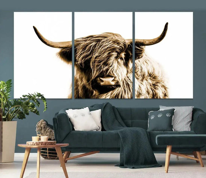 Sephia Highland Cow Canvas Wall Art Farmhouse Decor Cow Black White Print Rustic Wall Decor Animals Painting Scottish