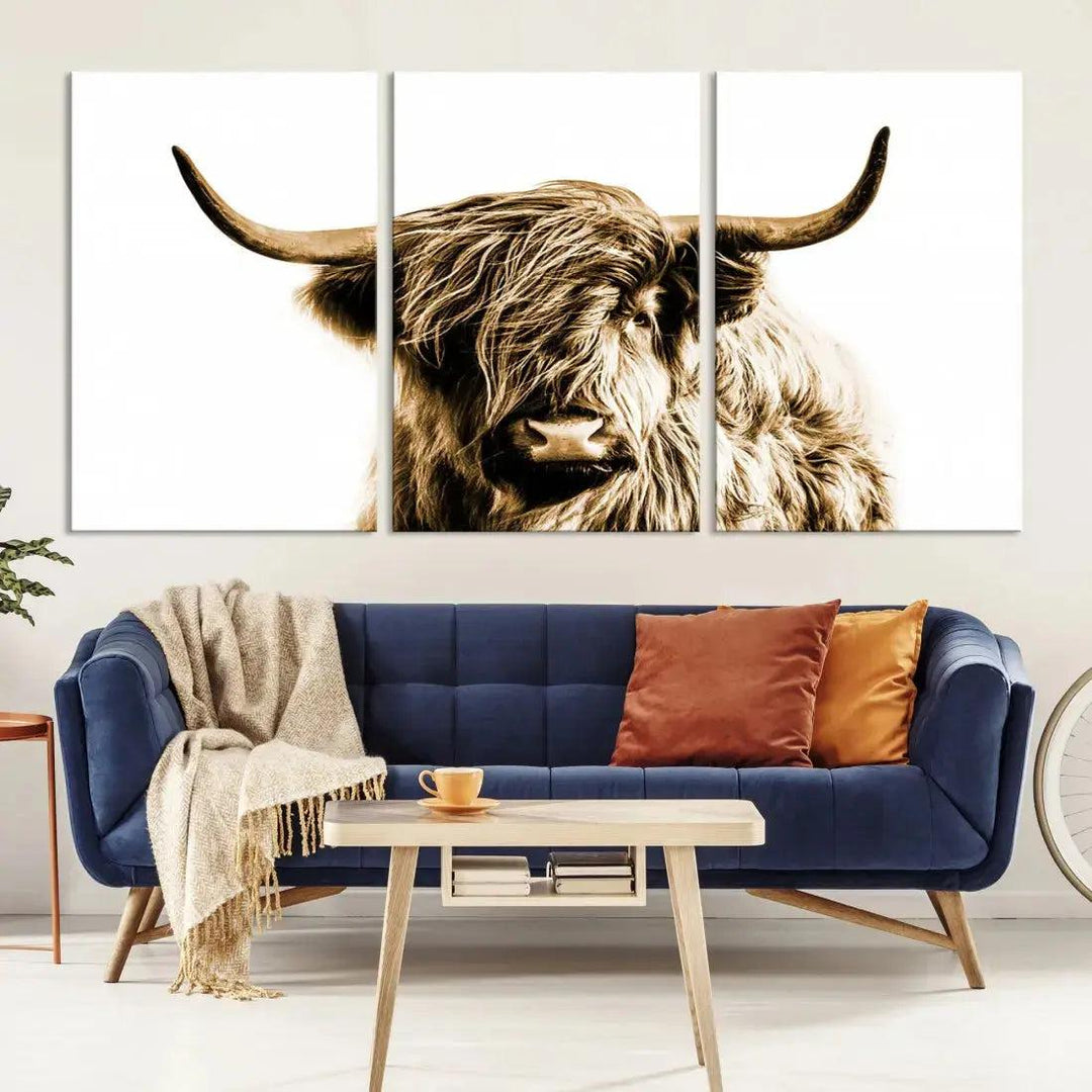 Sephia Highland Cow Canvas Wall Art Farmhouse Decor Cow Black White Print Rustic Wall Decor Animals Painting Scottish