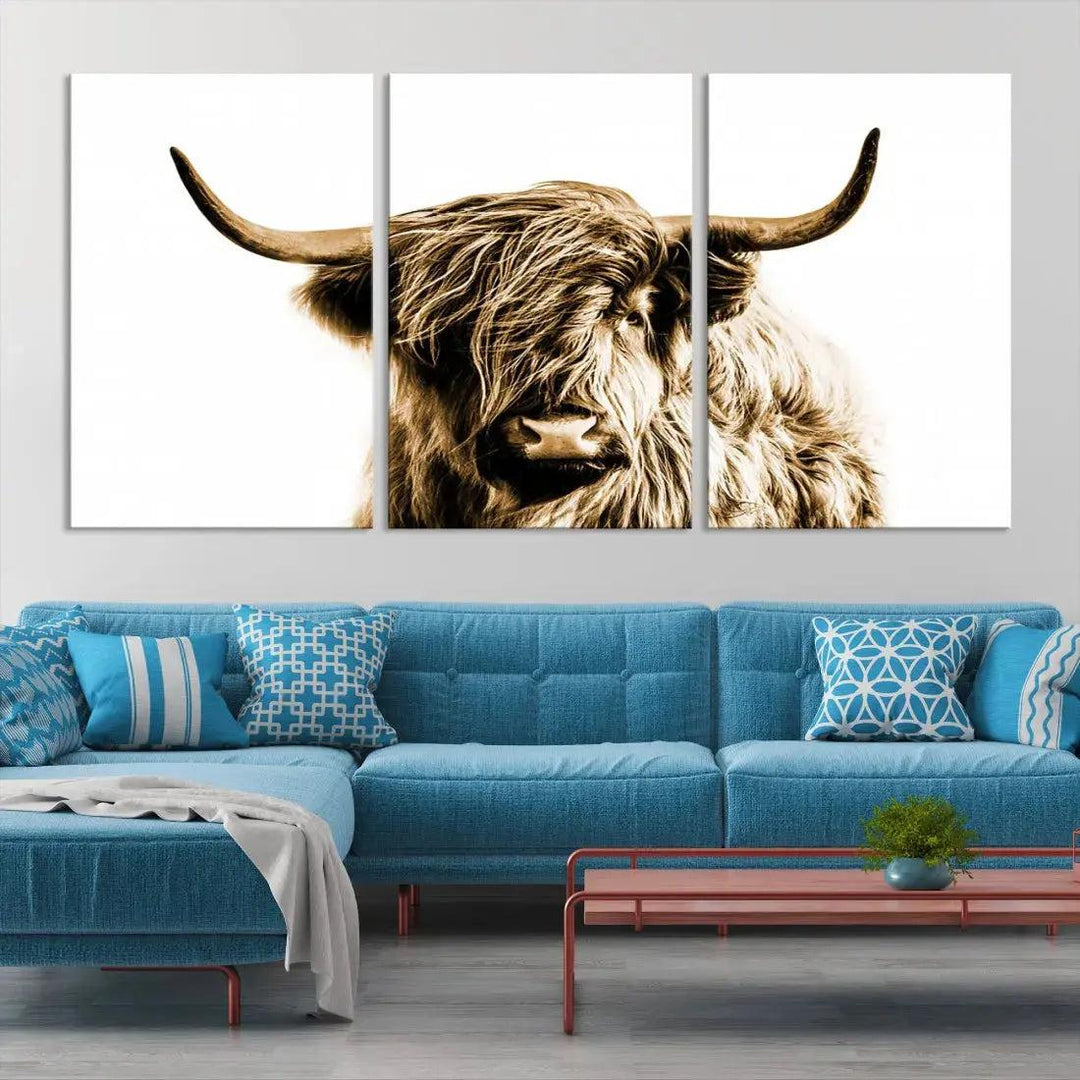 Sephia Highland Cow Canvas Wall Art Farmhouse Decor Cow Black White Print Rustic Wall Decor Animals Painting Scottish