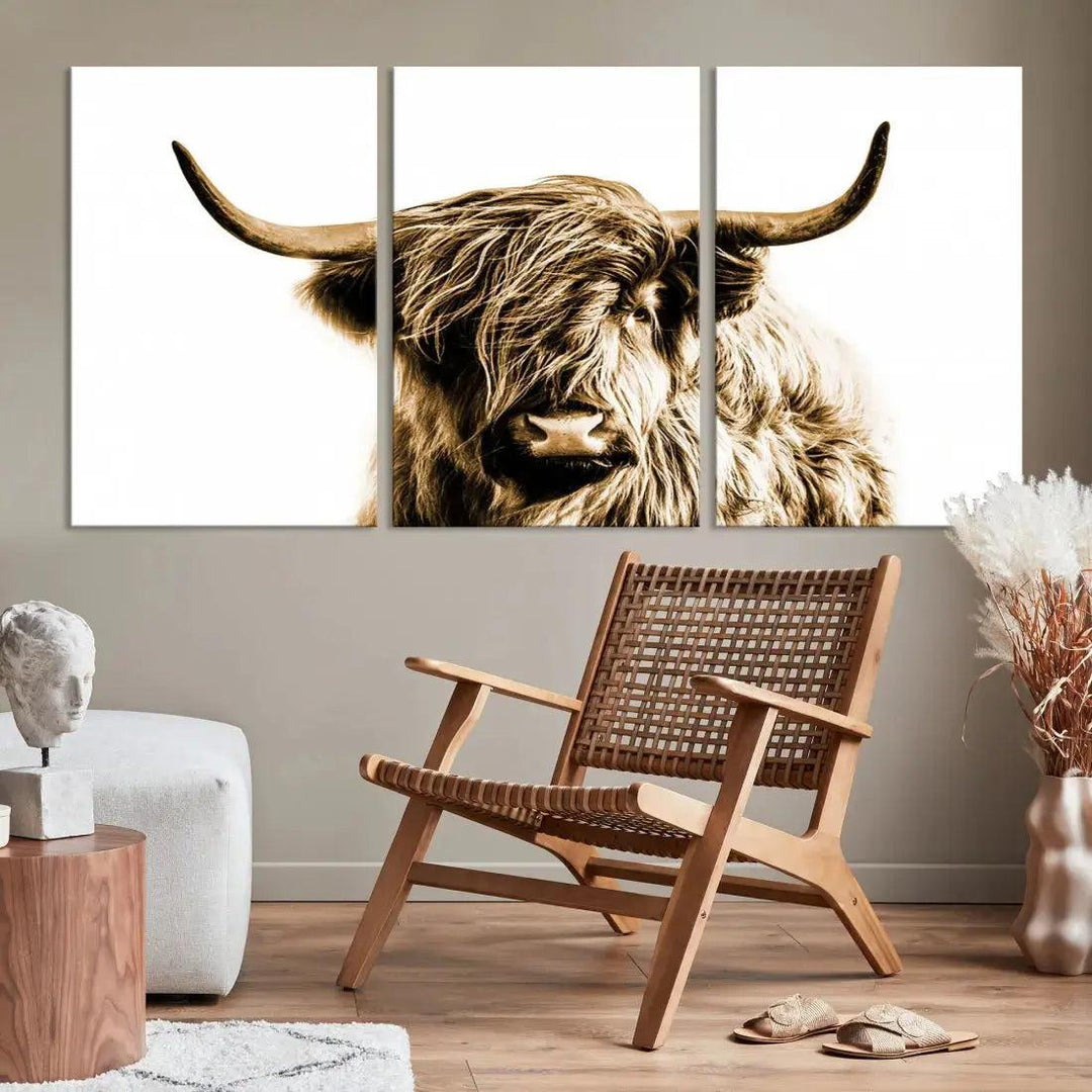 Sephia Highland Cow Canvas Wall Art Farmhouse Decor Cow Black White Print Rustic Wall Decor Animals Painting Scottish