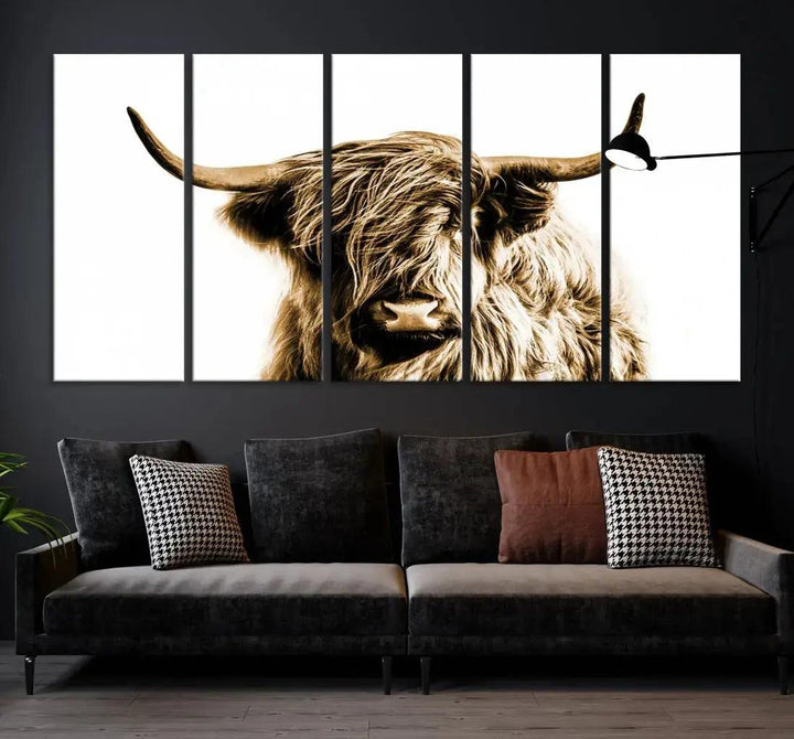 Sephia Highland Cow Canvas Wall Art Farmhouse Decor Cow Black White Print Rustic Wall Decor Animals Painting Scottish