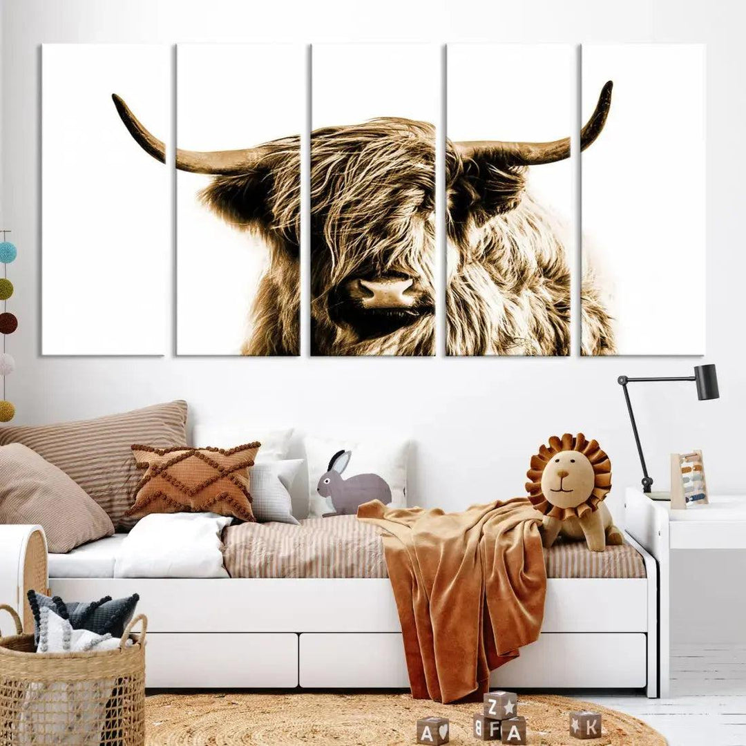 Sephia Highland Cow Canvas Wall Art Farmhouse Decor Cow Black White Print Rustic Wall Decor Animals Painting Scottish