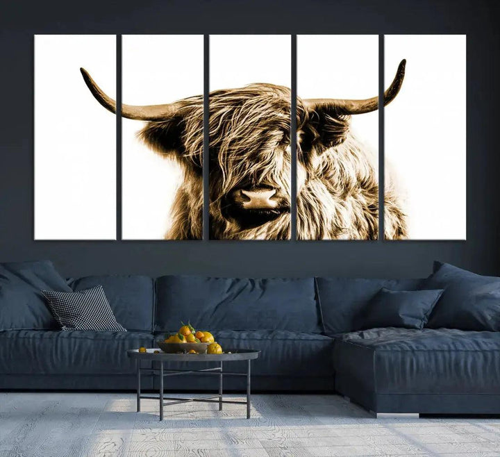 Sephia Highland Cow Canvas Wall Art Farmhouse Decor Cow Black White Print Rustic Wall Decor Animals Painting Scottish