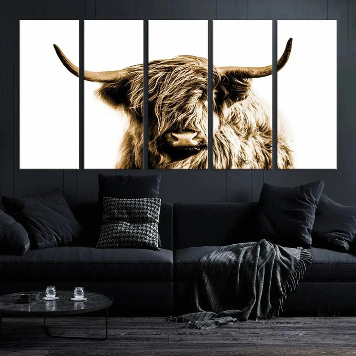 Sephia Highland Cow Canvas Wall Art Farmhouse Decor Cow Black White Print Rustic Wall Decor Animals Painting Scottish