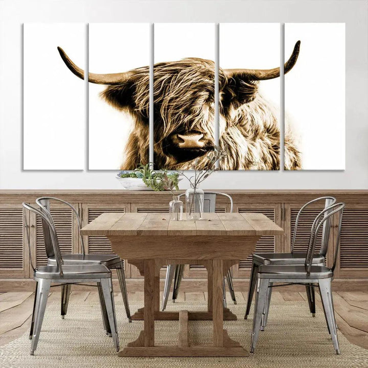 Sephia Highland Cow Canvas Wall Art Farmhouse Decor Cow Black White Print Rustic Wall Decor Animals Painting Scottish