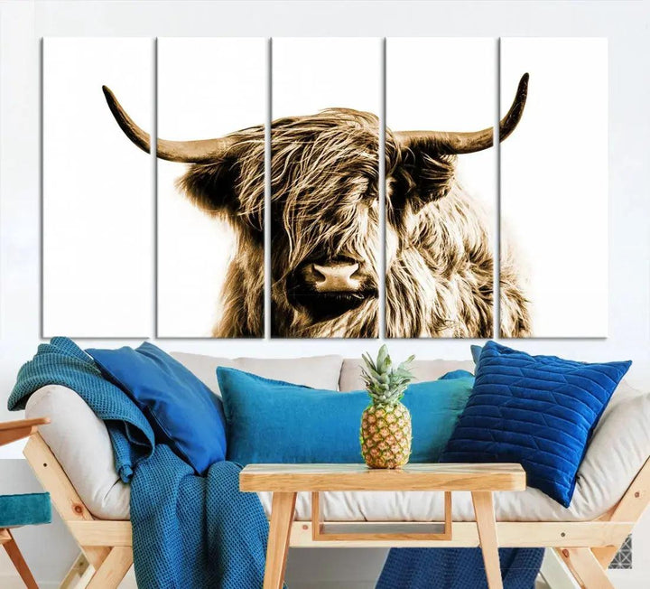 Sephia Highland Cow Canvas Wall Art Farmhouse Decor Cow Black White Print Rustic Wall Decor Animals Painting Scottish