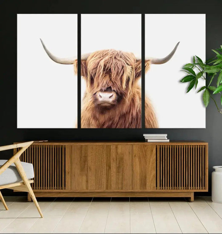 Sephia Scottish Highland Cow Farmhouse Decor Wall Art Canvas Print