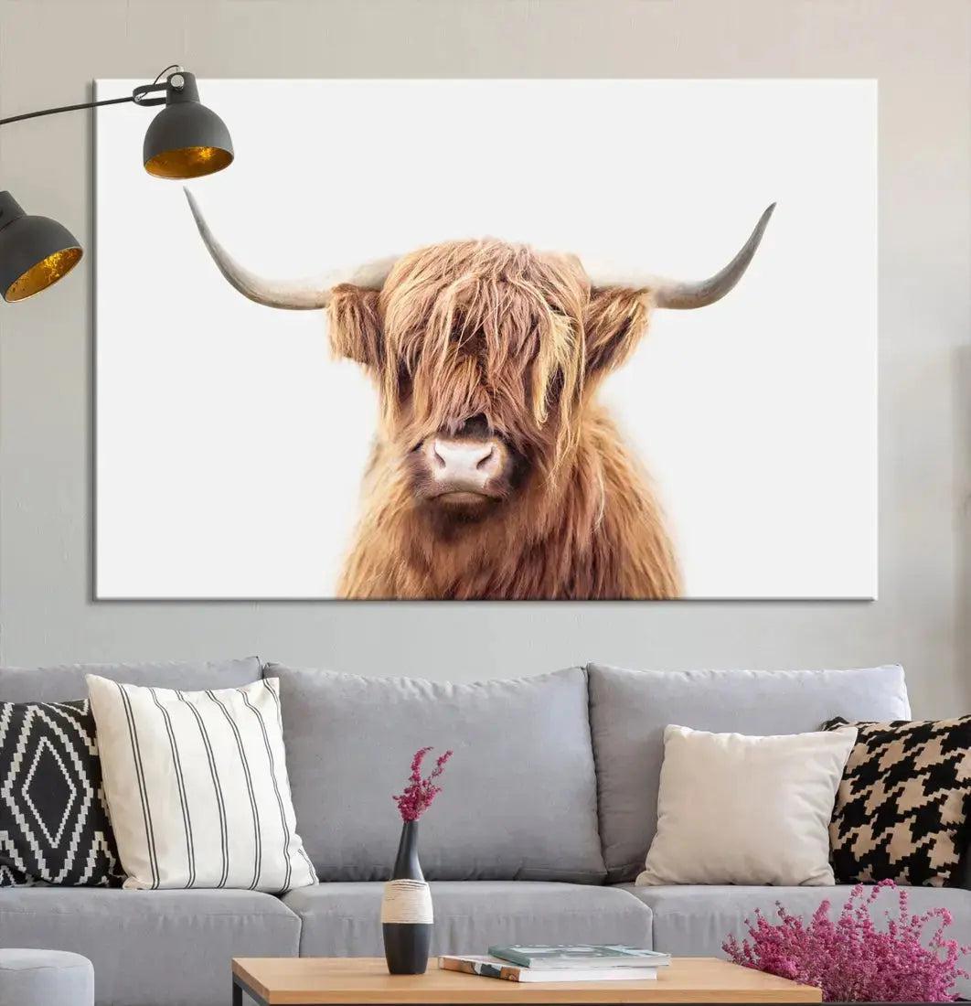 Sephia Scottish Highland Cow Farmhouse Decor Wall Art Canvas Print