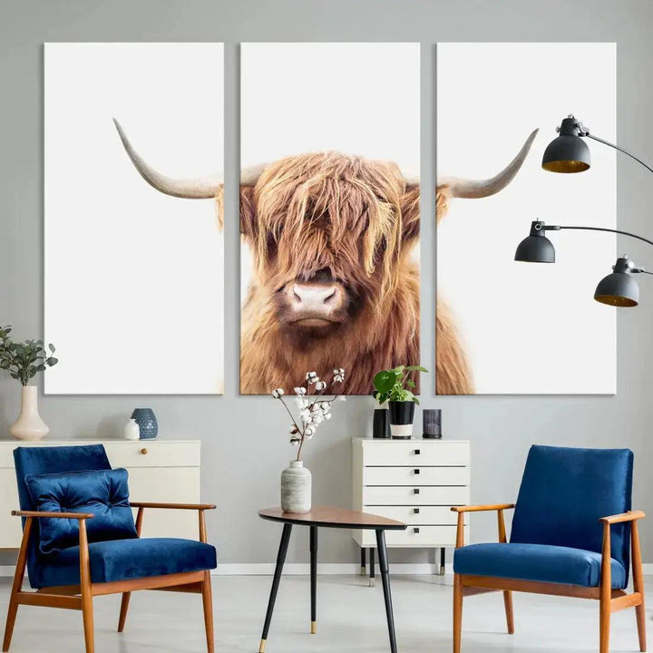 Sephia Scottish Highland Cow Farmhouse Decor Wall Art Canvas Print