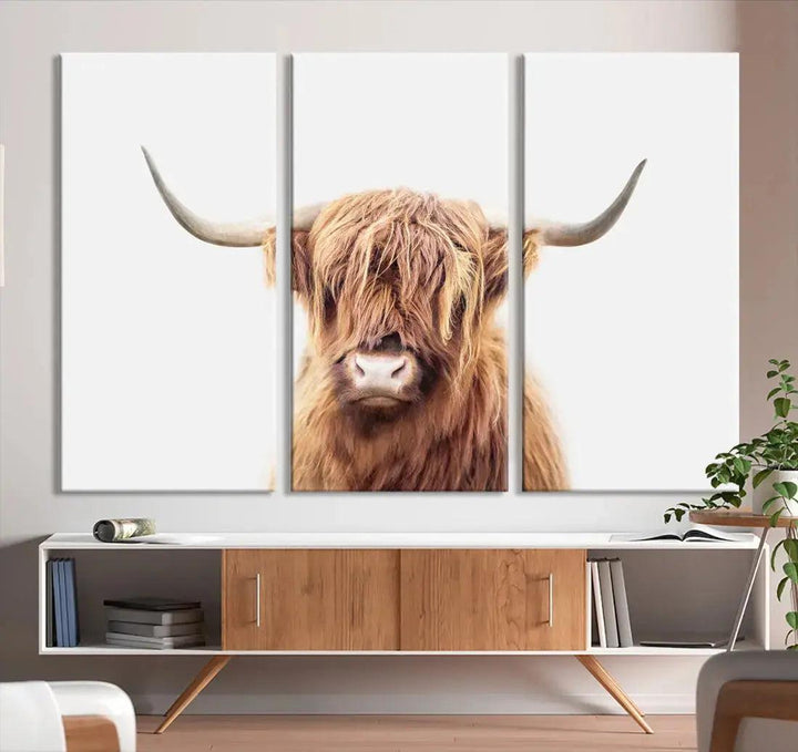 Sephia Scottish Highland Cow Farmhouse Decor Wall Art Canvas Print