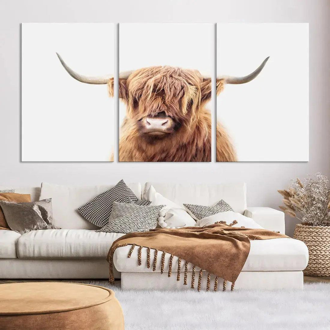 Sephia Scottish Highland Cow Farmhouse Decor Wall Art Canvas Print