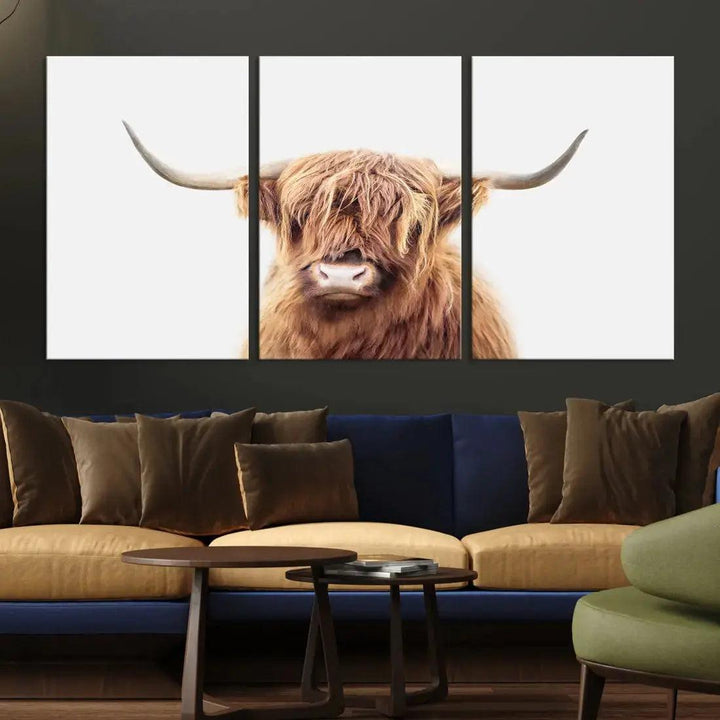 Sephia Scottish Highland Cow Farmhouse Decor Wall Art Canvas Print