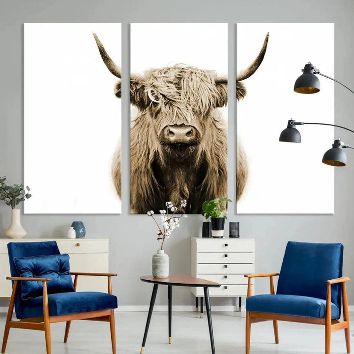 Sepia Scottish Highland Cow to Your Farmhouse with Our Wall Art Canvas Print Rustic Decor