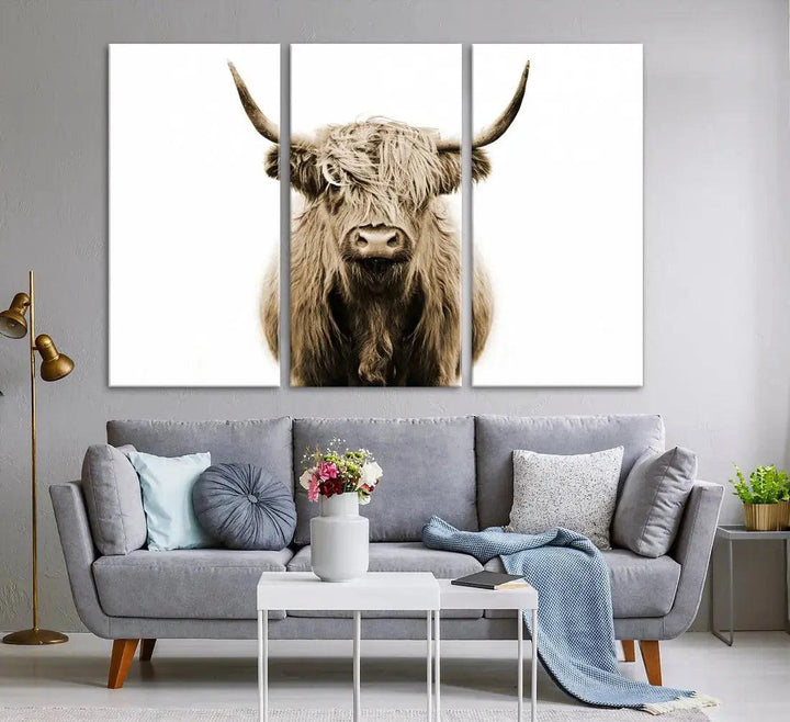 Sepia Scottish Highland Cow to Your Farmhouse with Our Wall Art Canvas Print Rustic Decor