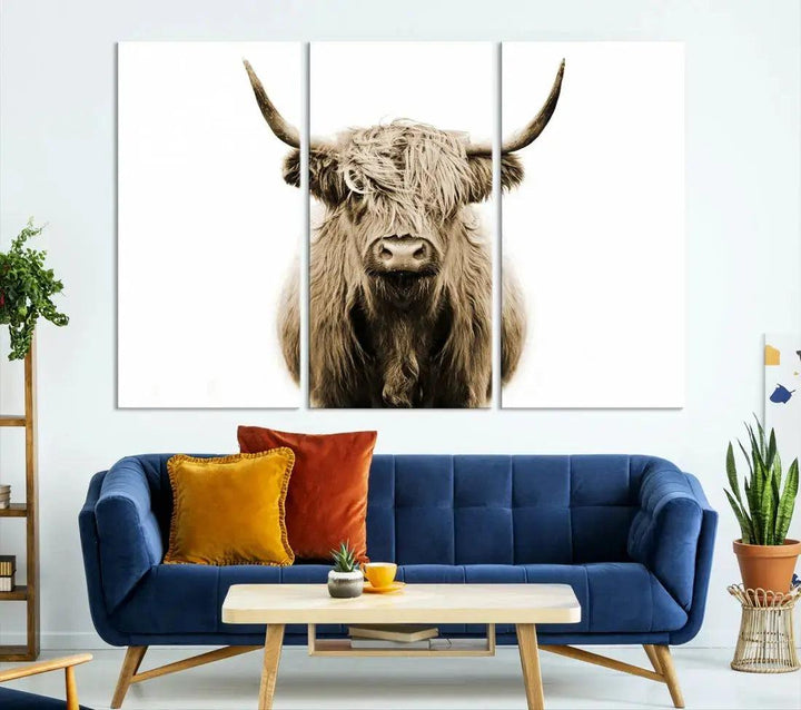 Sepia Scottish Highland Cow to Your Farmhouse with Our Wall Art Canvas Print Rustic Decor