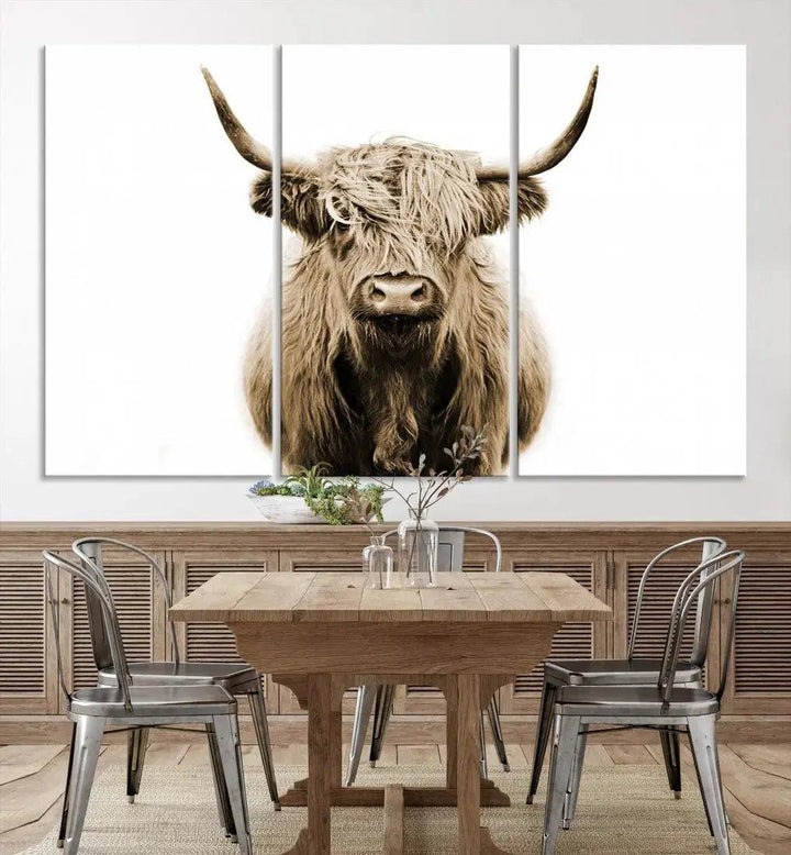 Sepia Scottish Highland Cow to Your Farmhouse with Our Wall Art Canvas Print Rustic Decor