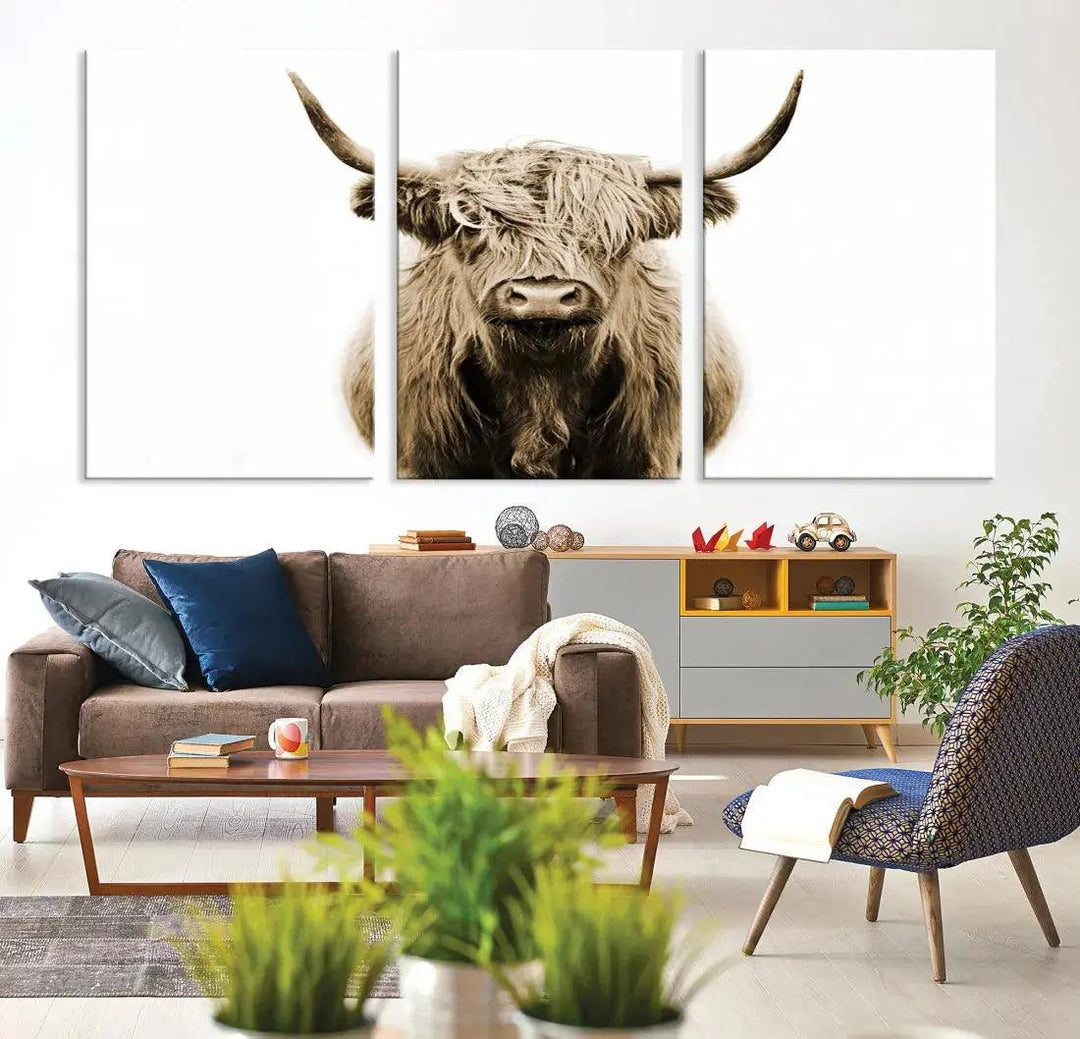 Sepia Scottish Highland Cow to Your Farmhouse with Our Wall Art Canvas Print Rustic Decor