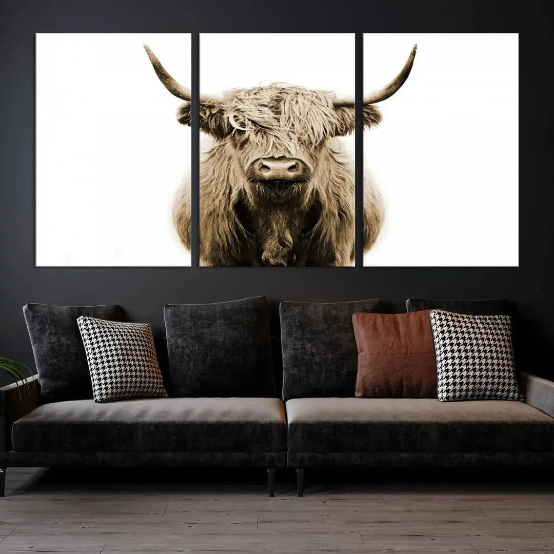 Sepia Scottish Highland Cow to Your Farmhouse with Our Wall Art Canvas Print Rustic Decor