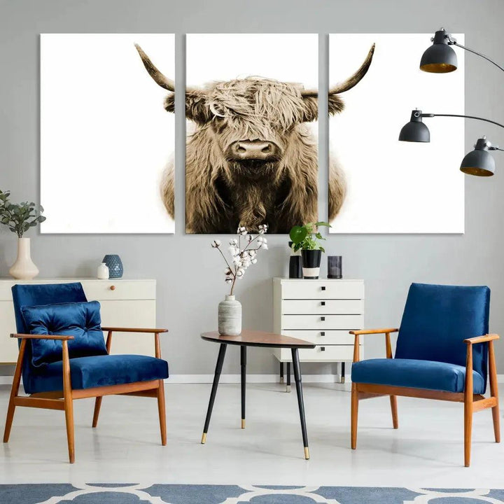 Sepia Scottish Highland Cow to Your Farmhouse with Our Wall Art Canvas Print Rustic Decor