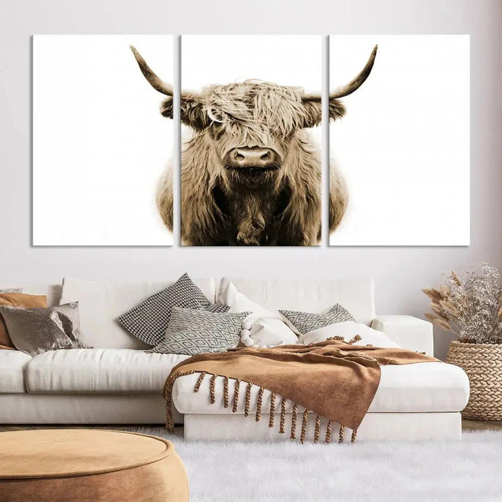 Sepia Scottish Highland Cow to Your Farmhouse with Our Wall Art Canvas Print Rustic Decor