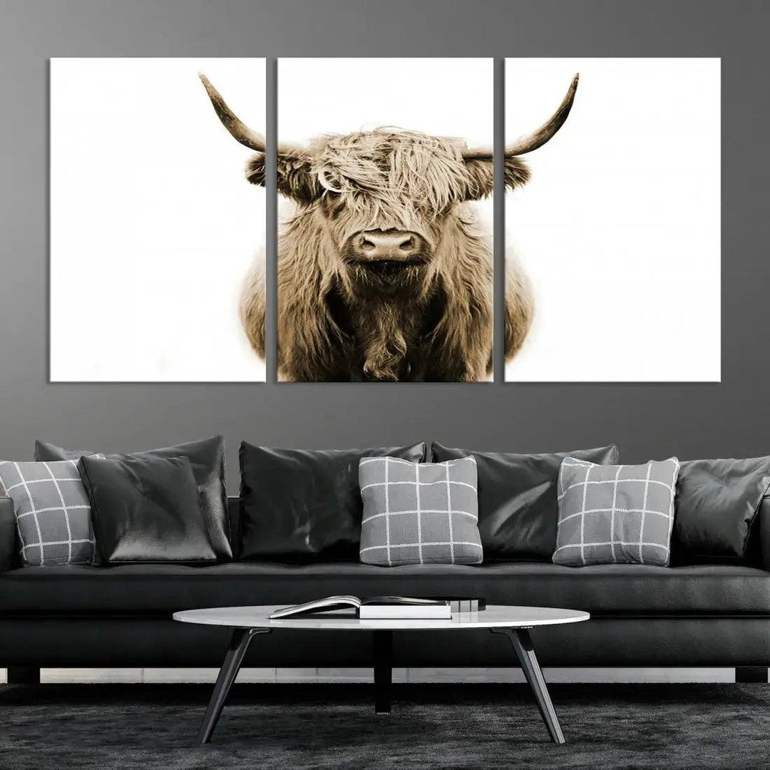 Sepia Scottish Highland Cow to Your Farmhouse with Our Wall Art Canvas Print Rustic Decor