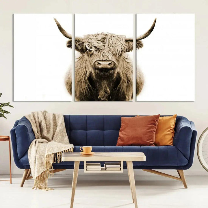 Sepia Scottish Highland Cow to Your Farmhouse with Our Wall Art Canvas Print Rustic Decor